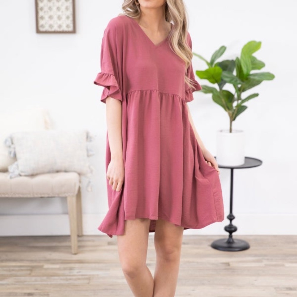 Dusty Rose Pink Baby Doll Drop Waist Dress with Frill Sleeves
